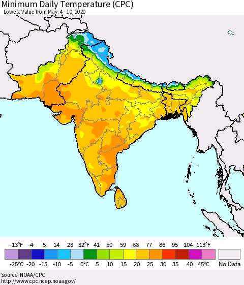 Southern Asia Minimum Daily Temperature (CPC) Thematic Map For 5/4/2020 - 5/10/2020