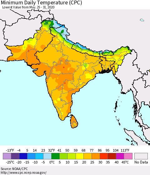 Southern Asia Minimum Daily Temperature (CPC) Thematic Map For 5/25/2020 - 5/31/2020