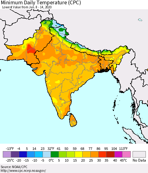 Southern Asia Minimum Daily Temperature (CPC) Thematic Map For 6/8/2020 - 6/14/2020