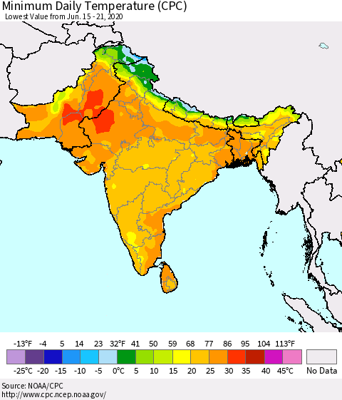 Southern Asia Minimum Daily Temperature (CPC) Thematic Map For 6/15/2020 - 6/21/2020