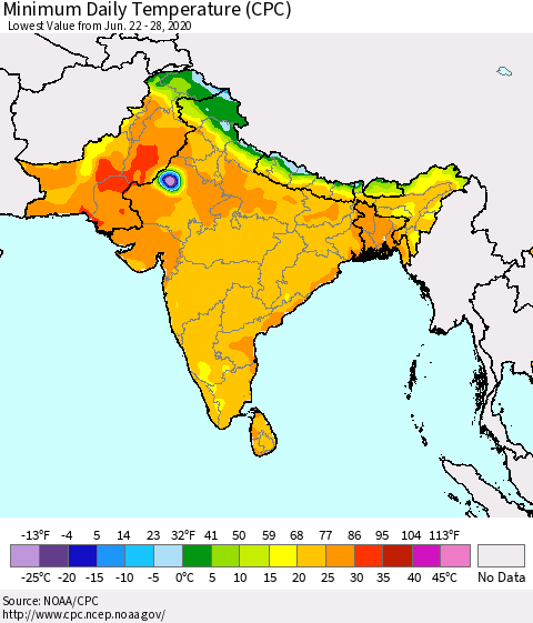 Southern Asia Minimum Daily Temperature (CPC) Thematic Map For 6/22/2020 - 6/28/2020