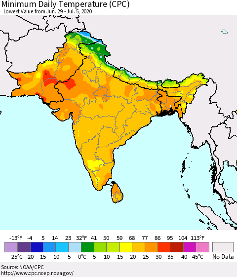 Southern Asia Extreme Minimum Temperature (CPC) Thematic Map For 6/29/2020 - 7/5/2020
