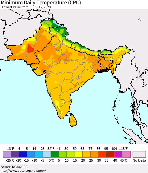 Southern Asia Minimum Daily Temperature (CPC) Thematic Map For 7/6/2020 - 7/12/2020