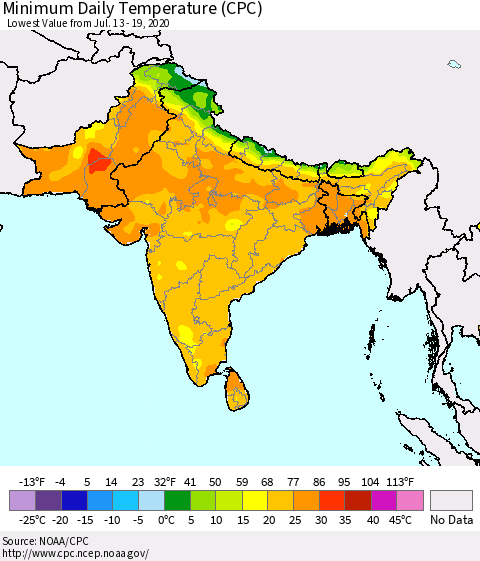 Southern Asia Extreme Minimum Temperature (CPC) Thematic Map For 7/13/2020 - 7/19/2020