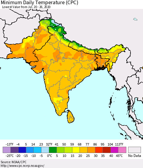 Southern Asia Minimum Daily Temperature (CPC) Thematic Map For 7/20/2020 - 7/26/2020