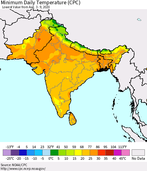 Southern Asia Minimum Daily Temperature (CPC) Thematic Map For 8/3/2020 - 8/9/2020