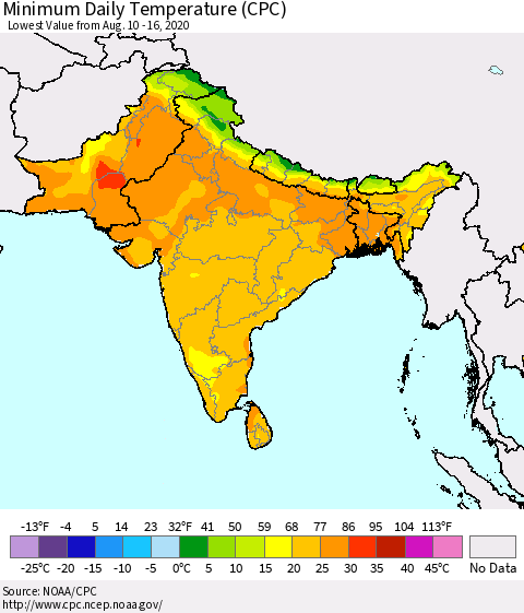 Southern Asia Minimum Daily Temperature (CPC) Thematic Map For 8/10/2020 - 8/16/2020
