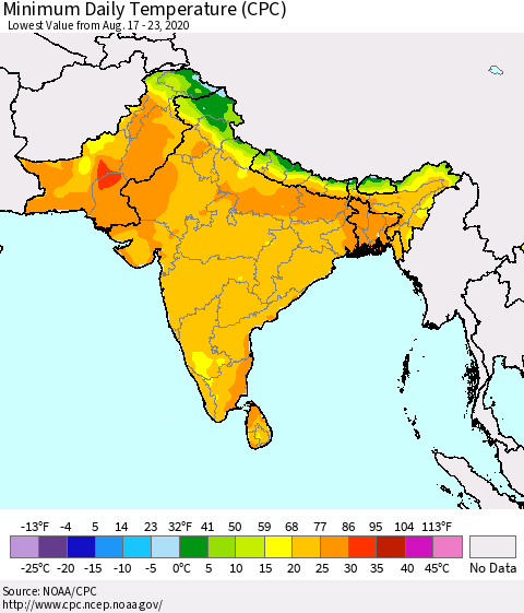 Southern Asia Minimum Daily Temperature (CPC) Thematic Map For 8/17/2020 - 8/23/2020