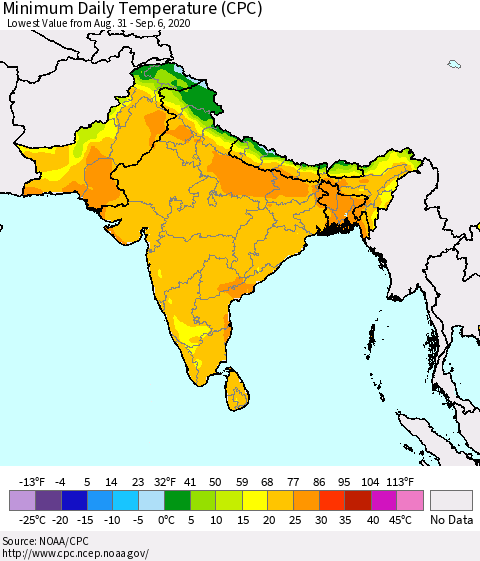Southern Asia Minimum Daily Temperature (CPC) Thematic Map For 8/31/2020 - 9/6/2020
