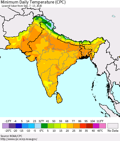 Southern Asia Minimum Daily Temperature (CPC) Thematic Map For 9/7/2020 - 9/13/2020