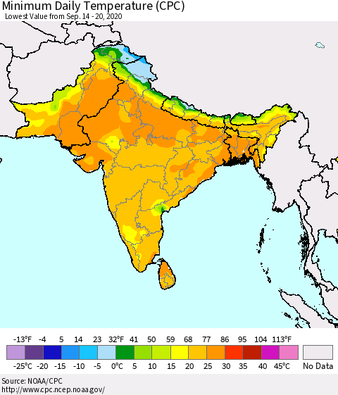 Southern Asia Extreme Minimum Temperature (CPC) Thematic Map For 9/14/2020 - 9/20/2020