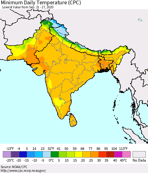Southern Asia Extreme Minimum Temperature (CPC) Thematic Map For 9/21/2020 - 9/27/2020