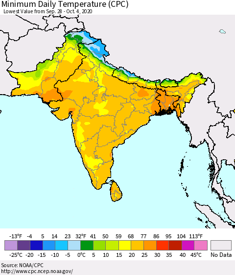 Southern Asia Minimum Daily Temperature (CPC) Thematic Map For 9/28/2020 - 10/4/2020