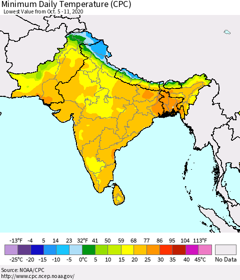 Southern Asia Minimum Daily Temperature (CPC) Thematic Map For 10/5/2020 - 10/11/2020