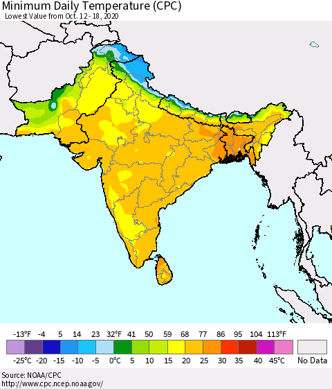 Southern Asia Minimum Daily Temperature (CPC) Thematic Map For 10/12/2020 - 10/18/2020
