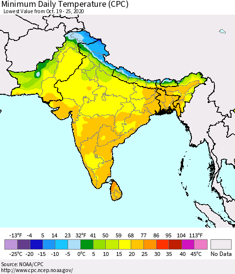 Southern Asia Extreme Minimum Temperature (CPC) Thematic Map For 10/19/2020 - 10/25/2020