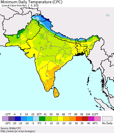 Southern Asia Minimum Daily Temperature (CPC) Thematic Map For 11/2/2020 - 11/8/2020