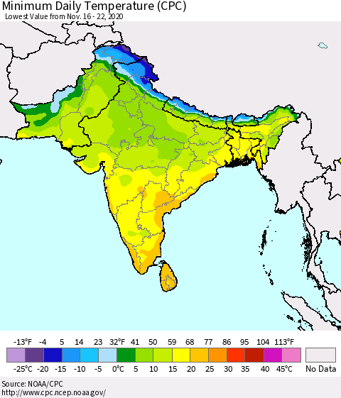 Southern Asia Minimum Daily Temperature (CPC) Thematic Map For 11/16/2020 - 11/22/2020