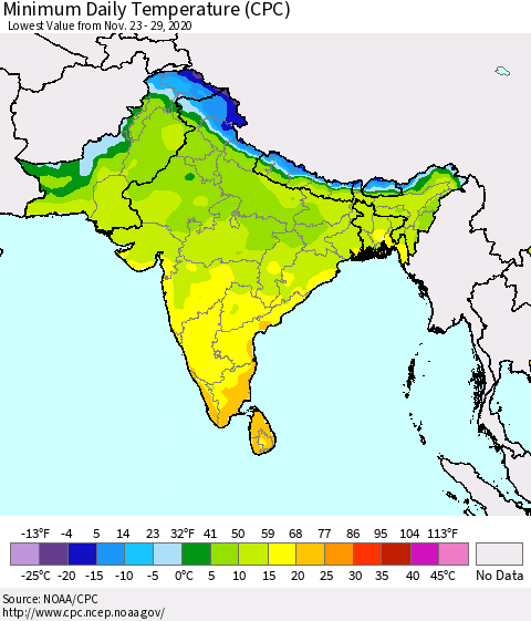Southern Asia Minimum Daily Temperature (CPC) Thematic Map For 11/23/2020 - 11/29/2020