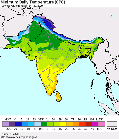 Southern Asia Minimum Daily Temperature (CPC) Thematic Map For 12/14/2020 - 12/20/2020