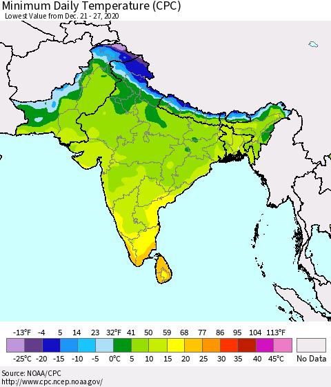 Southern Asia Minimum Daily Temperature (CPC) Thematic Map For 12/21/2020 - 12/27/2020
