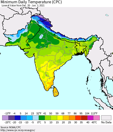 Southern Asia Minimum Daily Temperature (CPC) Thematic Map For 12/28/2020 - 1/3/2021