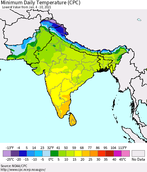 Southern Asia Minimum Daily Temperature (CPC) Thematic Map For 1/4/2021 - 1/10/2021