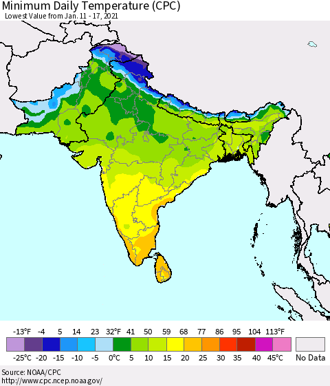 Southern Asia Minimum Daily Temperature (CPC) Thematic Map For 1/11/2021 - 1/17/2021