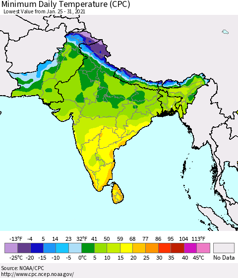Southern Asia Minimum Daily Temperature (CPC) Thematic Map For 1/25/2021 - 1/31/2021
