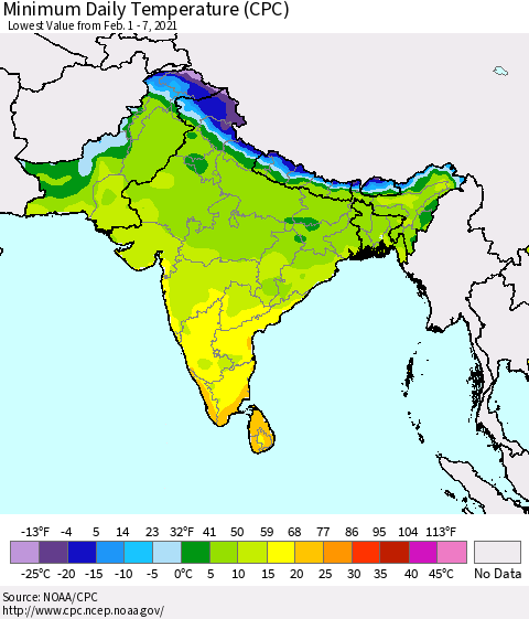 Southern Asia Minimum Daily Temperature (CPC) Thematic Map For 2/1/2021 - 2/7/2021