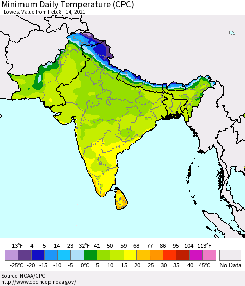 Southern Asia Minimum Daily Temperature (CPC) Thematic Map For 2/8/2021 - 2/14/2021