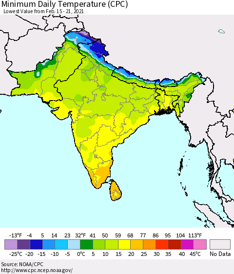 Southern Asia Minimum Daily Temperature (CPC) Thematic Map For 2/15/2021 - 2/21/2021