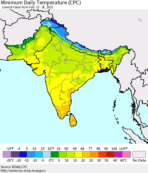 Southern Asia Minimum Daily Temperature (CPC) Thematic Map For 2/22/2021 - 2/28/2021