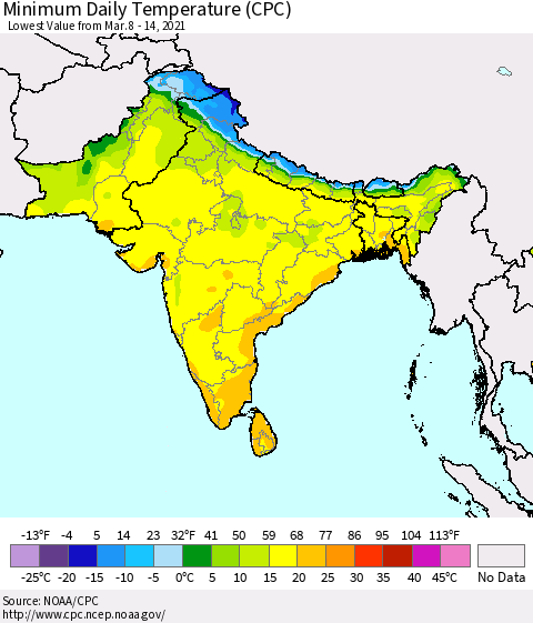 Southern Asia Minimum Daily Temperature (CPC) Thematic Map For 3/8/2021 - 3/14/2021