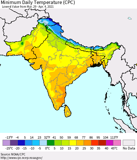 Southern Asia Minimum Daily Temperature (CPC) Thematic Map For 3/29/2021 - 4/4/2021
