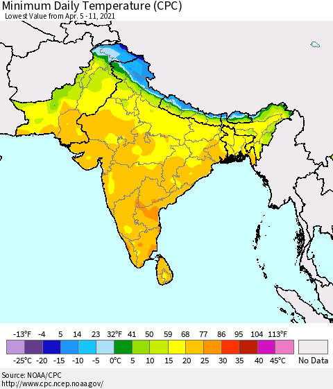 Southern Asia Minimum Daily Temperature (CPC) Thematic Map For 4/5/2021 - 4/11/2021