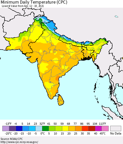 Southern Asia Minimum Daily Temperature (CPC) Thematic Map For 4/12/2021 - 4/18/2021