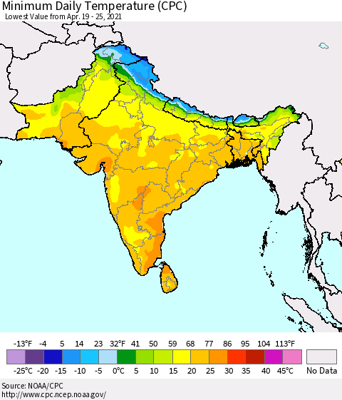 Southern Asia Minimum Daily Temperature (CPC) Thematic Map For 4/19/2021 - 4/25/2021