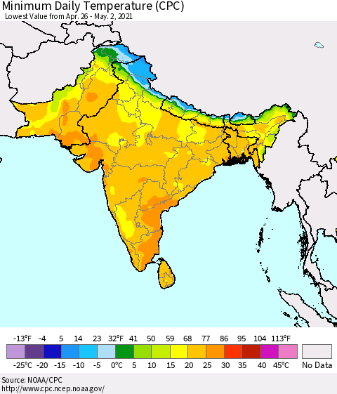 Southern Asia Minimum Daily Temperature (CPC) Thematic Map For 4/26/2021 - 5/2/2021