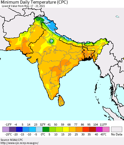 Southern Asia Minimum Daily Temperature (CPC) Thematic Map For 5/17/2021 - 5/23/2021