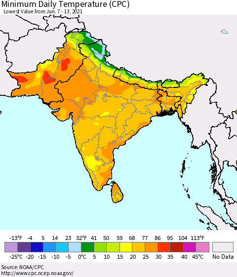 Southern Asia Extreme Minimum Temperature (CPC) Thematic Map For 6/7/2021 - 6/13/2021