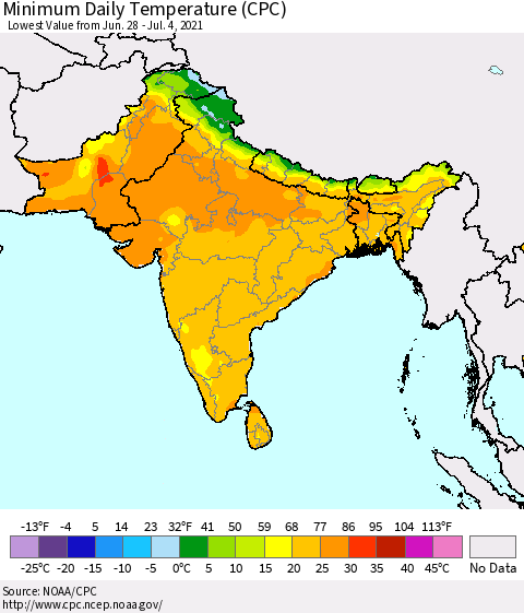 Southern Asia Extreme Minimum Temperature (CPC) Thematic Map For 6/28/2021 - 7/4/2021