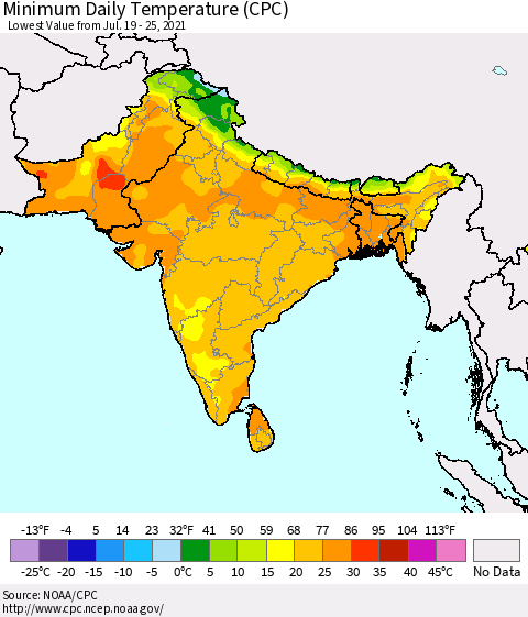 Southern Asia Minimum Daily Temperature (CPC) Thematic Map For 7/19/2021 - 7/25/2021