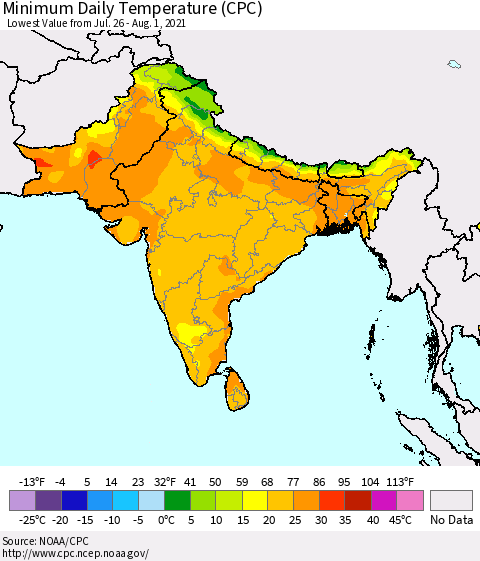 Southern Asia Minimum Daily Temperature (CPC) Thematic Map For 7/26/2021 - 8/1/2021