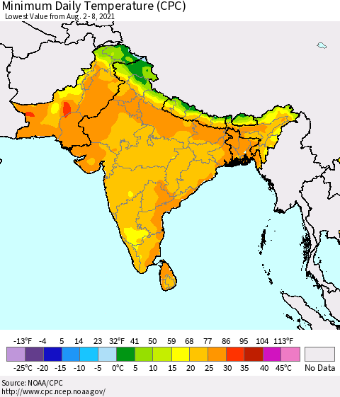 Southern Asia Minimum Daily Temperature (CPC) Thematic Map For 8/2/2021 - 8/8/2021