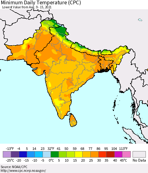 Southern Asia Minimum Daily Temperature (CPC) Thematic Map For 8/9/2021 - 8/15/2021