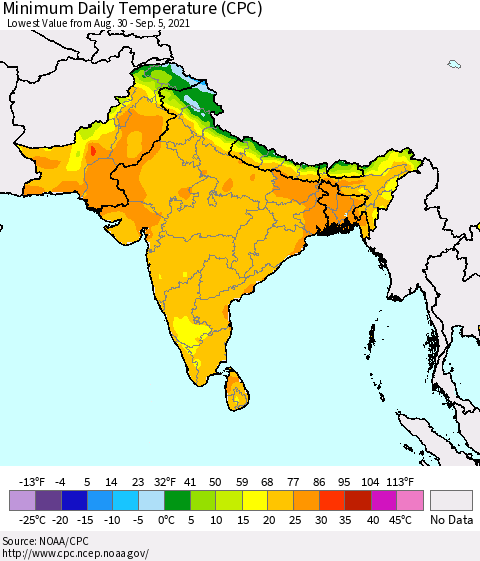 Southern Asia Minimum Daily Temperature (CPC) Thematic Map For 8/30/2021 - 9/5/2021