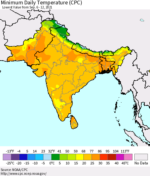Southern Asia Minimum Daily Temperature (CPC) Thematic Map For 9/6/2021 - 9/12/2021