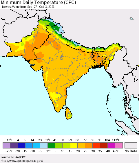 Southern Asia Minimum Daily Temperature (CPC) Thematic Map For 9/27/2021 - 10/3/2021