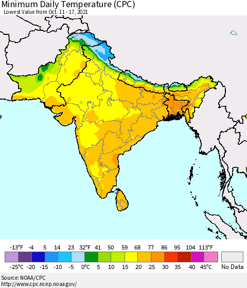 Southern Asia Minimum Daily Temperature (CPC) Thematic Map For 10/11/2021 - 10/17/2021